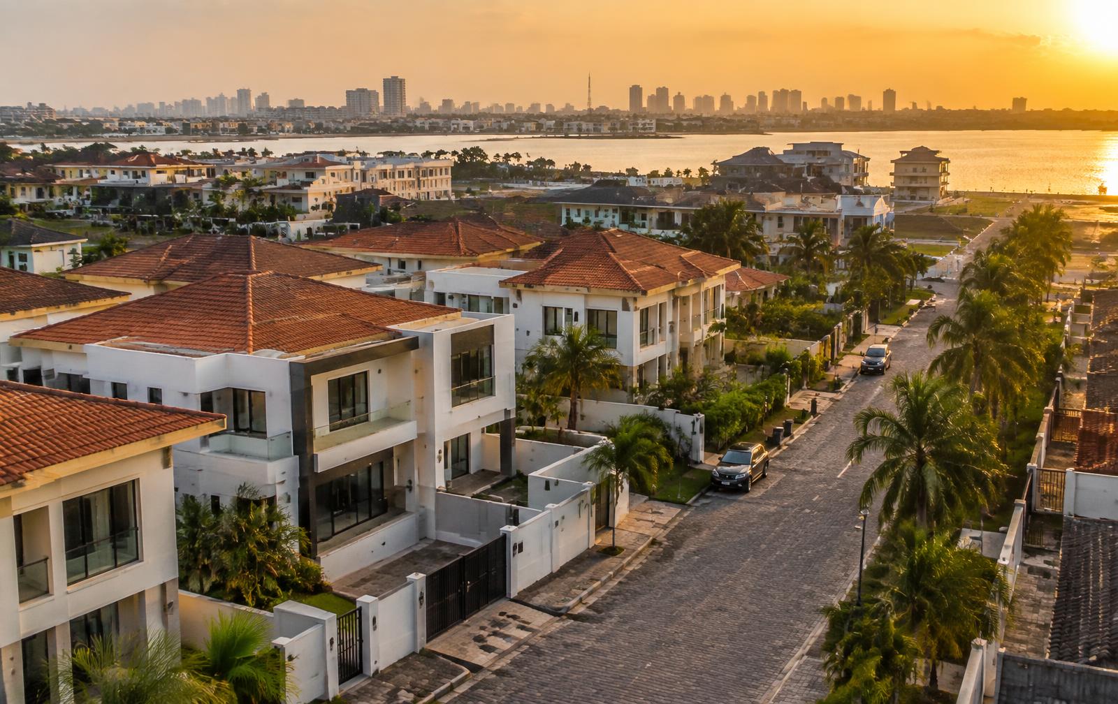Modern waterfront homes in Lagos at sunset